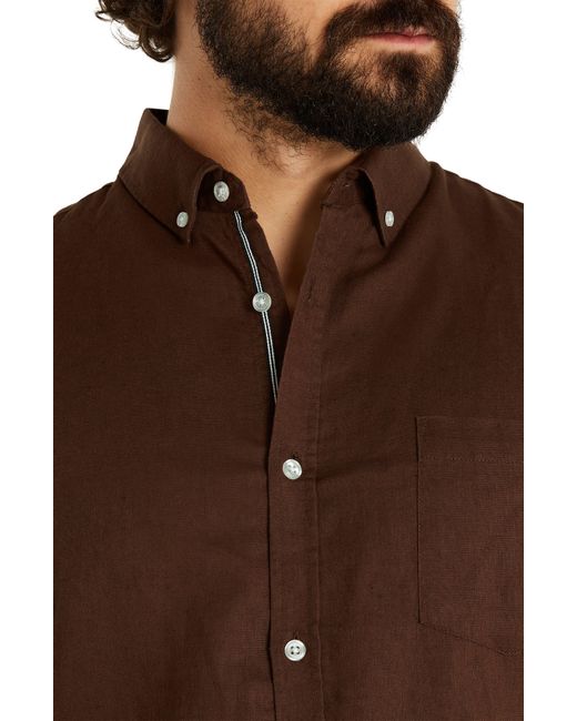 Johnny Bigg Brown Fresno Solid Linen & Cotton Short Sleeve Button-up Shirt for men