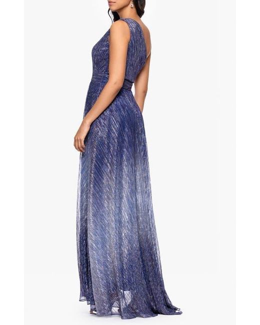 Betsy & Adam Blue Ombré Crinkle Metallic One-Shoulder Gown