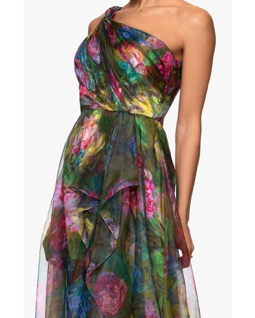 xscape green one shoulder dress XSCAPE Women's Printed One-Shoulder Long Dress