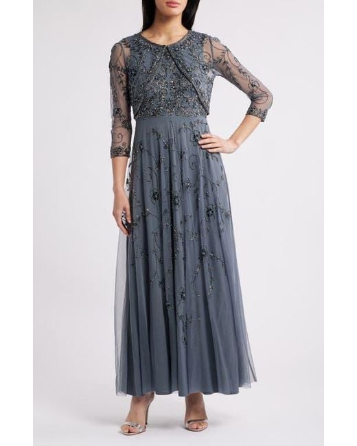 Pisarro Nights Blue Embellished Cocktail Dress With Open Front Jacket