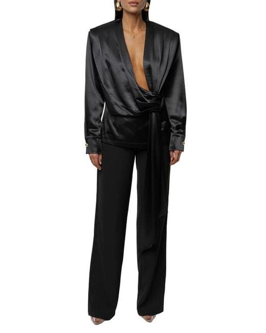 JLUXLABEL Black Statement Satin Drape Top