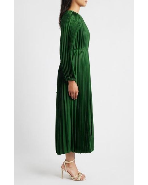 Julia Jordan Green Pleated Long Sleeve Satin Midi Dress