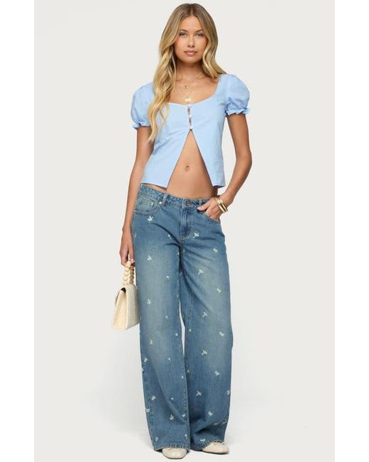 Edikted Blue Dorothea Split Front Cotton Top