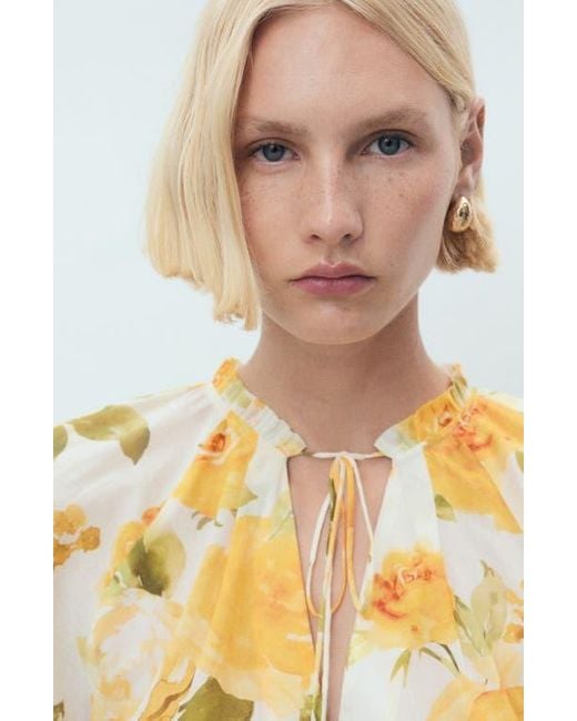 Mango Yellow Floral Tie Neck Button-Up Top