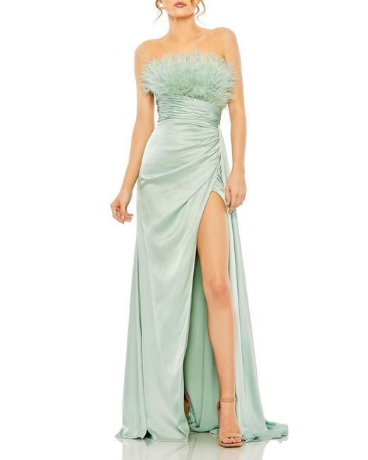Mac Duggal Green Feather Detail Ruched Strapless Gown