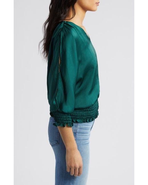 Vince Camuto Smocked Cold Shoulder Satin Top in Green Lyst