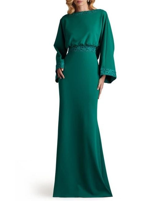 Tadashi Shoji Drape Back Crepe Long Sleeve Gown in Green | Lyst