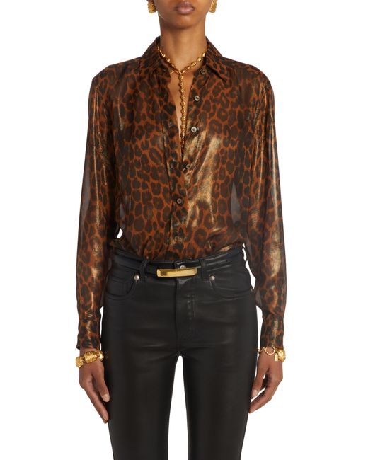 Tom Ford Brown Laminated Leopard Metallic Silk Button-up Shirt