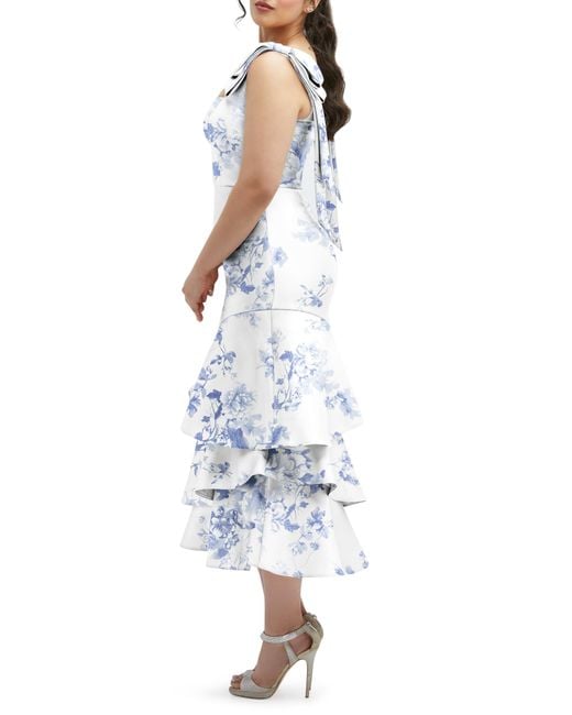 Dessy Collection Blue Floral Print Ruffle Sleeveless Satin Midi Dress