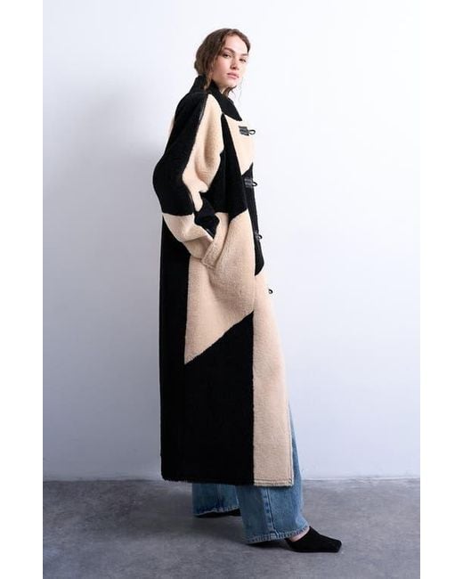 TOPSHOP Blue Patchwork Colorblock Faux Shearling Longline Coat