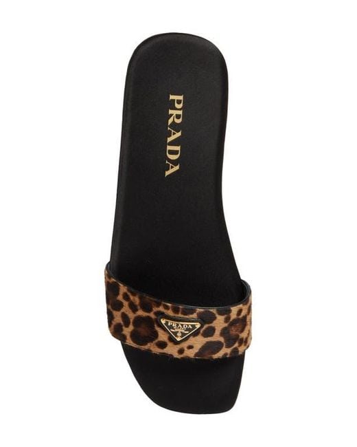 サンダル・ミュール PRADA LEOPARD PRINTED CALF HAIR SLIDE SANDALS Prada Animal Print Genuine Calf Hair Slide Sandal in Brown