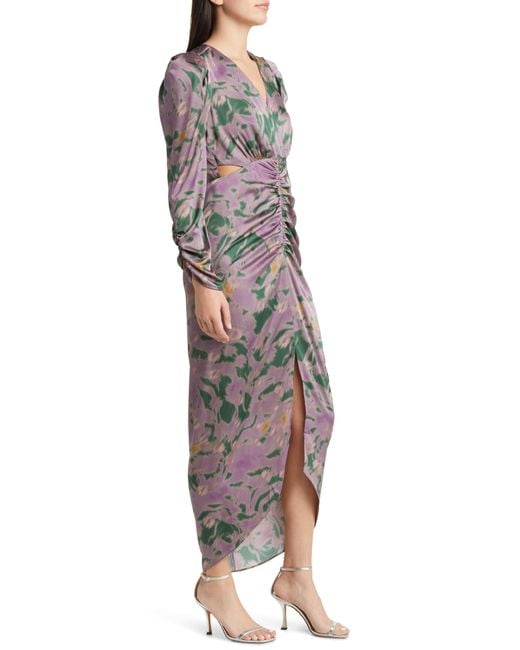 FLORET STUDIOS Cutout Ruched Long Sleeve Satin Dress Lyst