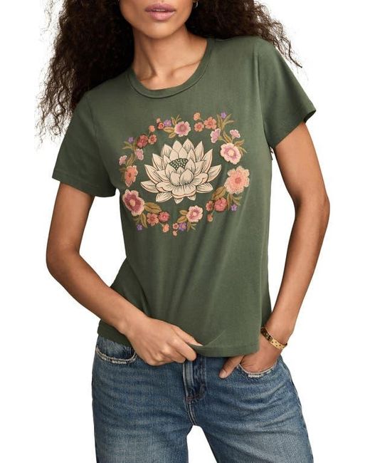 Lucky Brand Green Embroidered Lotus Cotton Graphic T-Shirt