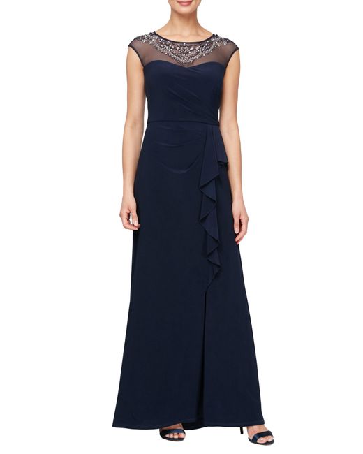 Alex Evenings Blue Embellished Neck Cap Sleeve Jersey Gown