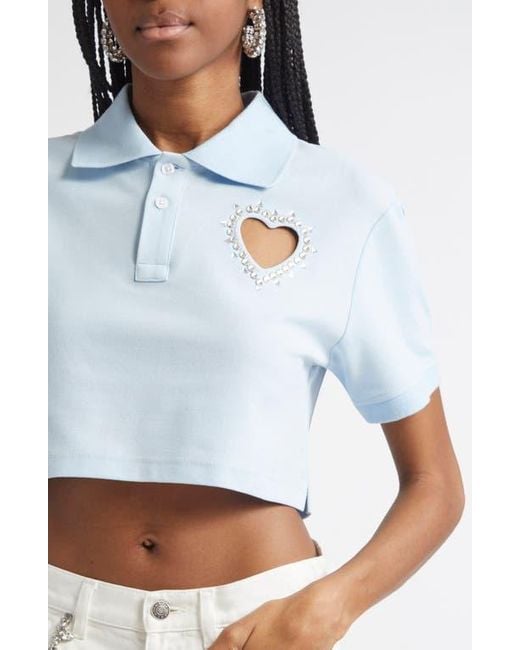 Area White Crystal Heart Cutout Crop Polo
