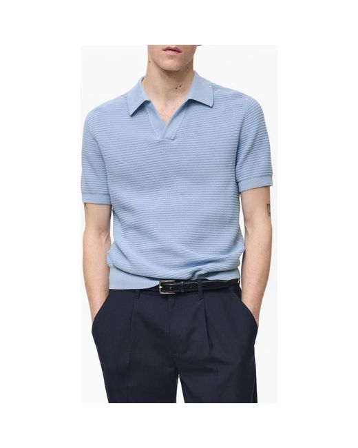 Mango Blue Structured Stripe Cotton Knit Polo for men