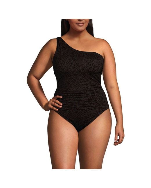Lands' End Black Chlorine Resistant Shirred One Shoulder One Piece Swimsuit Removable Adjustable Strap