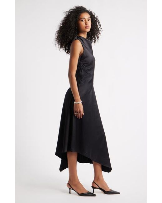 Open Edit Black Cowl Neck Asymmetric Satin Midi Dress