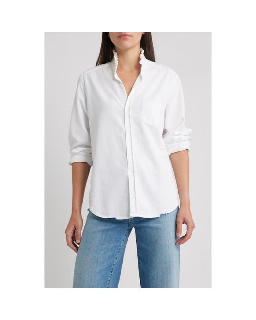 Frank & Eileen White Ruffle Collar Relaxed Fit Cotton Button-Up Shirt