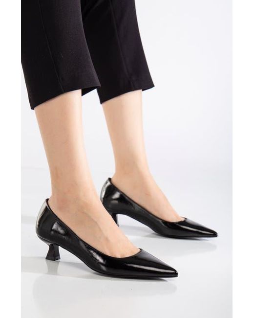 Forever & Always Shoes Black Helly Kitten Heel Leather Stiletto Pumps