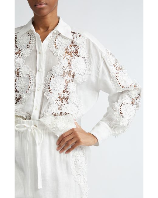Zimmermann White Halliday Floral Lace Semisheer Ramie Button-up Shirt