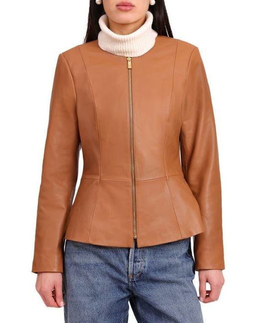 Bagatelle Brown Genuine Leather Zip Front Peplum Jacket