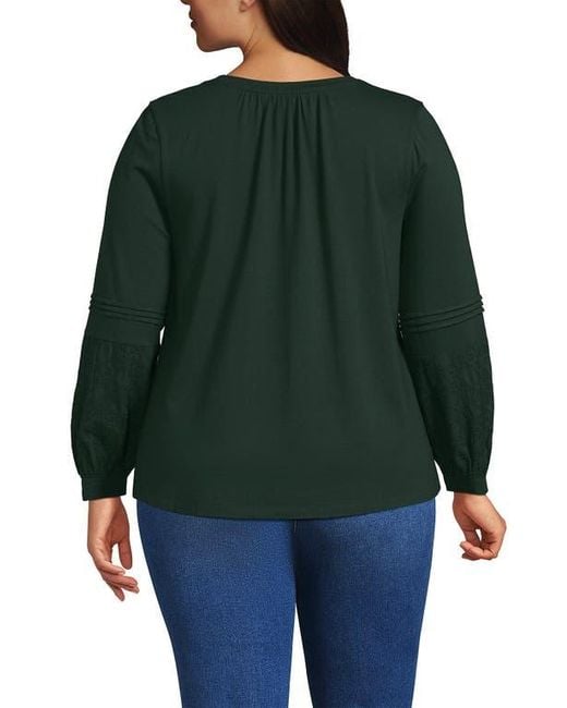 Lands' End Green Lightweight Jersey Lace Mix Long Sleeve Pintuck Top