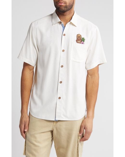Tommy Bahama White Isle Of Tiki Embroidered Short Sleeve Silk Graphic Button-up Shirt for men