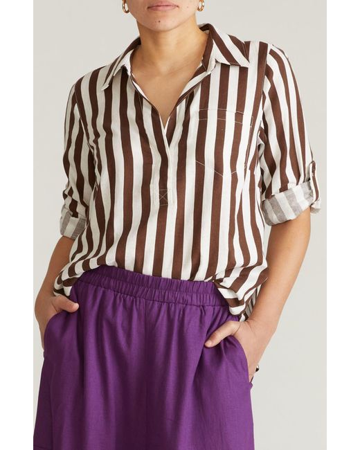 UNIVERSAL STANDARD Purple Button Back Linen Blend Polo