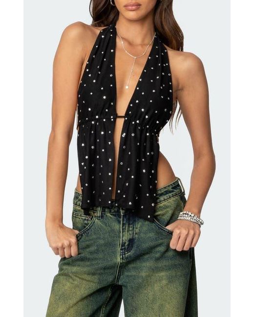 Edikted Black Studded Split Front Open Back Halter Top