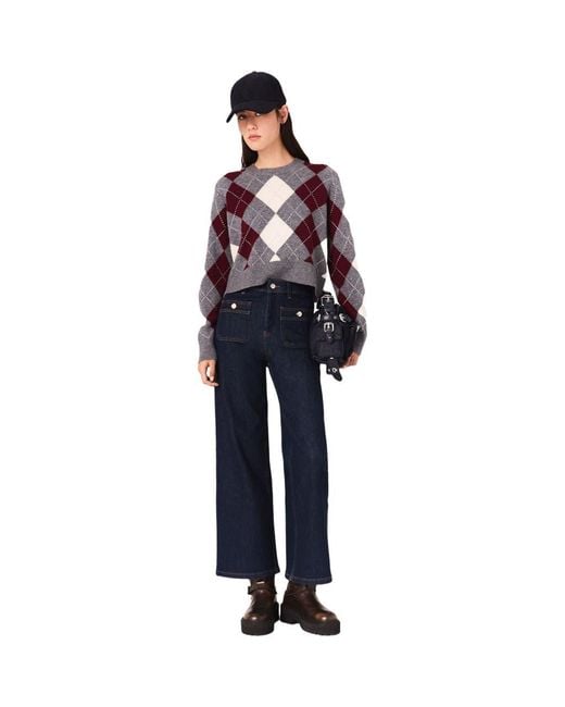 Maje Blue Cropped Argyle Pattern Sweater