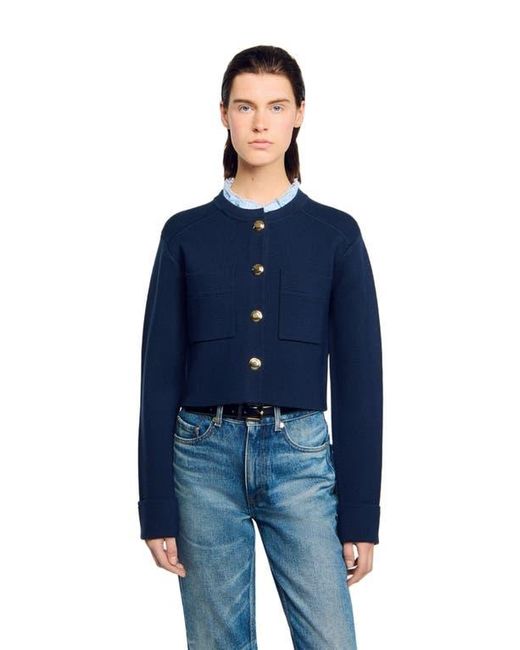 Sandro Blue Cardigan With Detachable Ruffle Collar