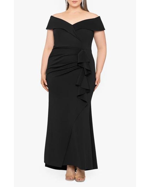 Xscape Evenings Black Off The Shoulder Ruffle Scuba Knit Gown
