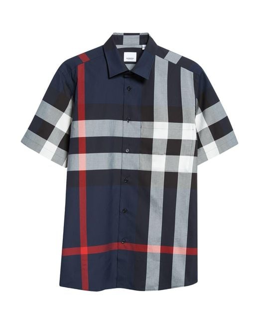 Burberry Blue Summerton Check Short Sleeve Cotton Poplin Button-Up Shirt for men