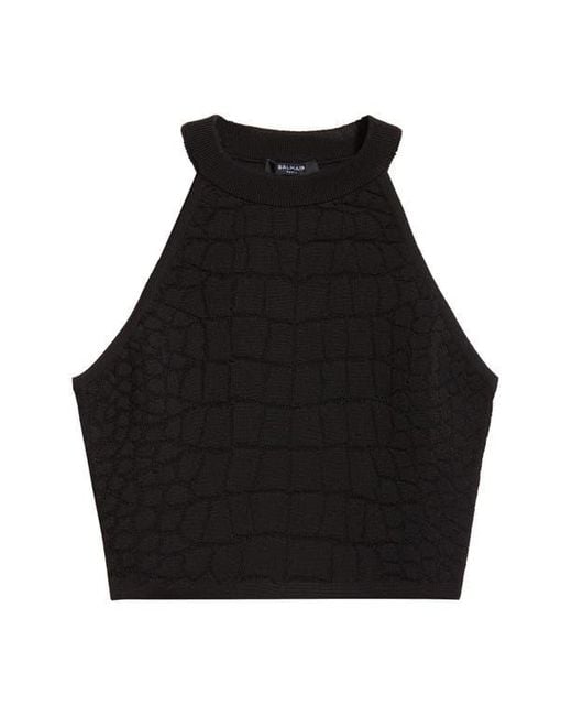 Balmain Black Croc Jacquard Knit Crop Tank