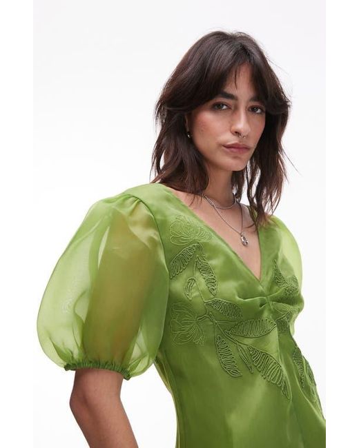 TOPSHOP Green Embroidered Puff Sleeve Top