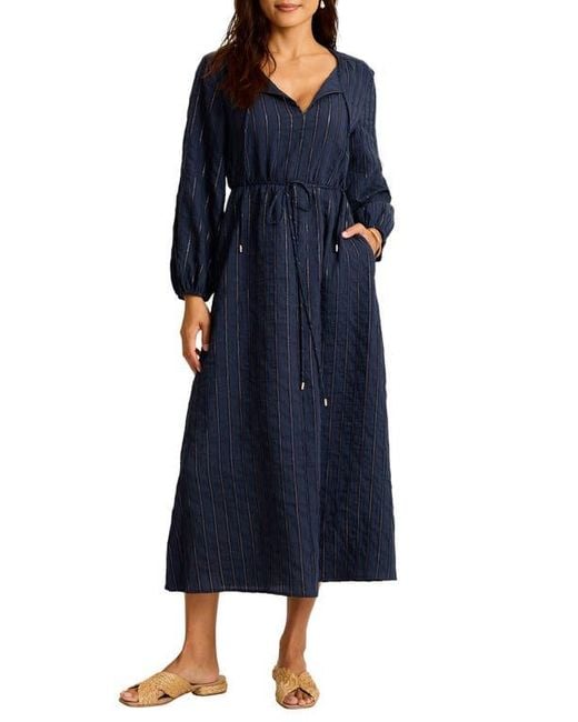 Tommy Bahama Blue Metallic Stripe Long Sleeve Maxi Dress