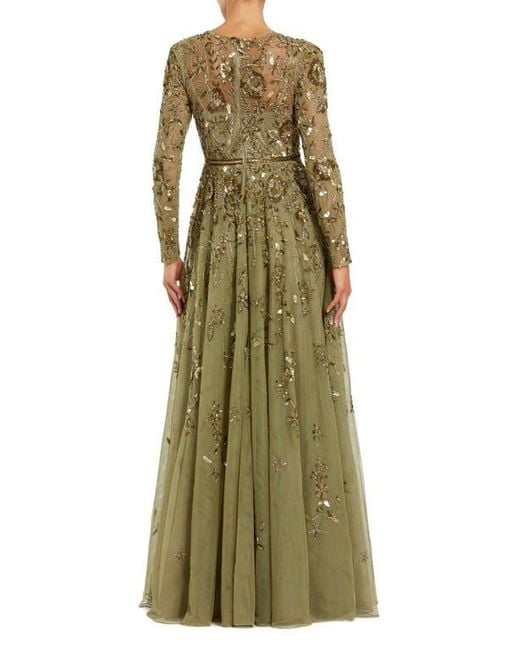 Mac Duggal Green Long Sleeve Hand Embellished Floral A-Line Gown