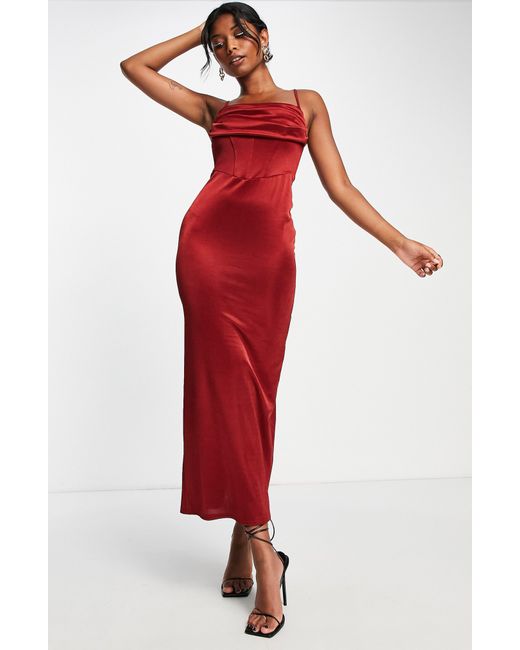 ASOS Corset Satin Midi Dress in Red Lyst