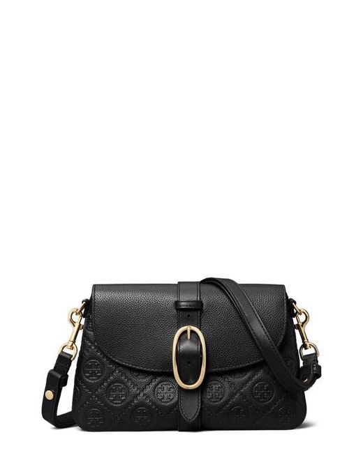 Tory Burch Black Small T Monogram Soft Pebble Leather Shoulder Bag