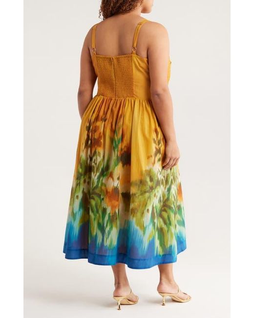 Tahari Yellow Ruched Bodice Cotton Midi Sundress