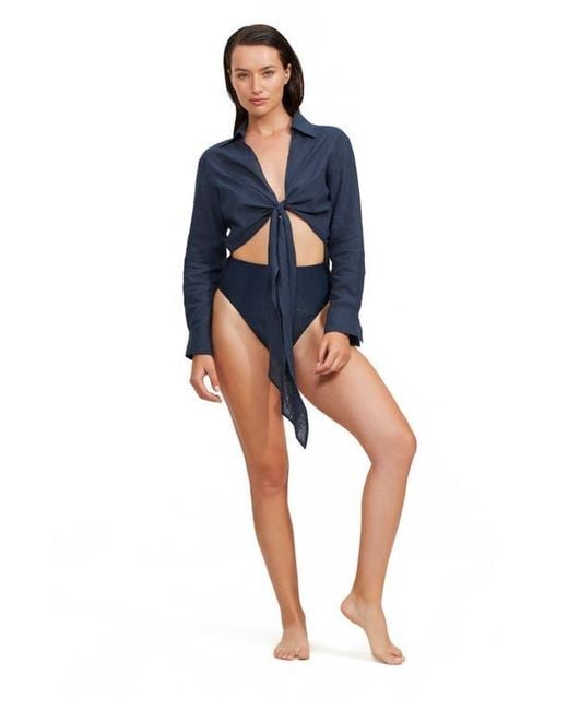 Luma Gottex Blue High Low Collared Front Tie Blouse Cover Up