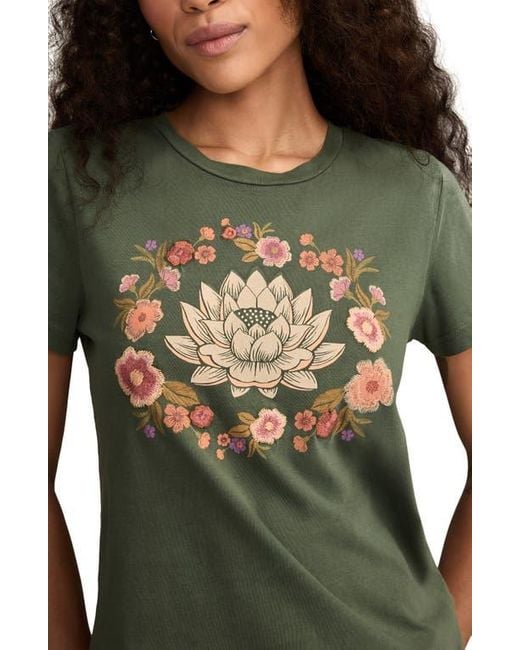 Lucky Brand Green Embroidered Lotus Cotton Graphic T-Shirt