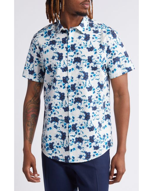 Open Edit Blue Floral Short Sleeve Stretch Cotton Button-up Shirt for men