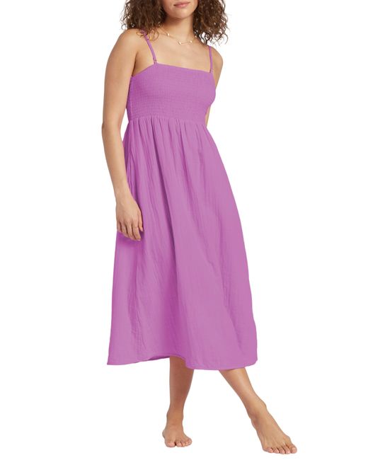 Billabong Purple Off The Coast Smocked Bodice Cotton Midi Dress
