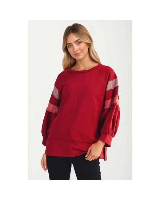 Knit & Lounge Red Relaxed Crewneck Statement Sleeve Stripe Top