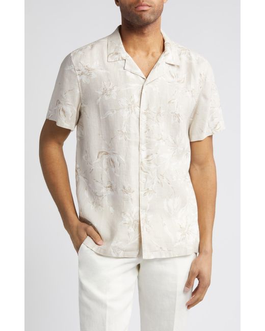 Nordstrom White Brushed Floral Short Sleeve Button-up Linen Camp Shirt for men