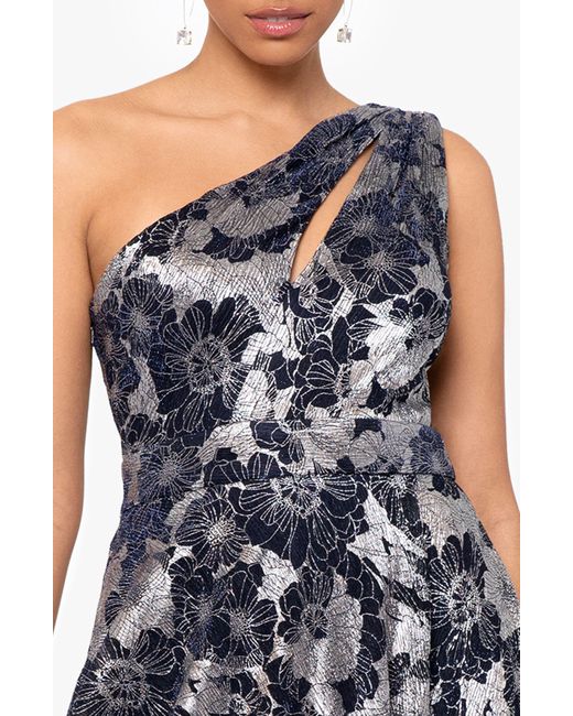 Betsy & Adam Blue Metallic Floral One-shoulder Gown