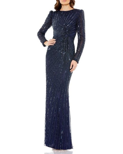 Mac Duggal Blue Embellished Puff Sleeve Side Knot Gown