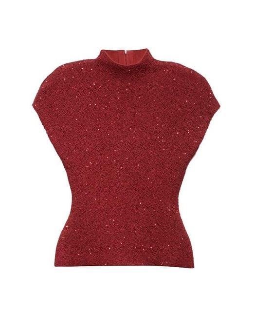 Lela Rose Red Sequin Knit Short Sleeve Mock Neck Top